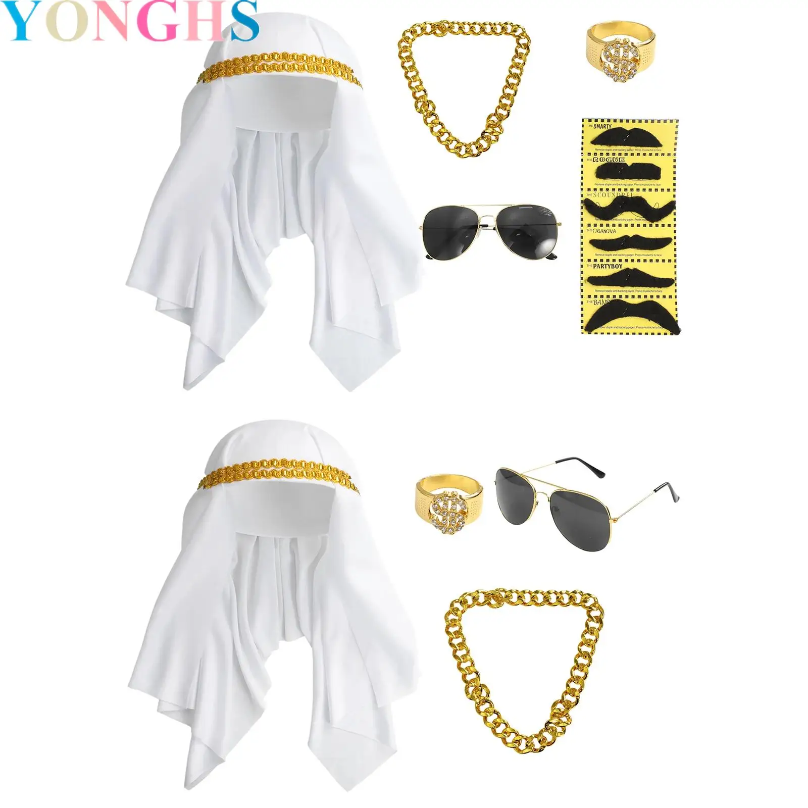 Funny Adult Men Middle Eastern Dubai Clothes Accessories with Hat Beard Glasses Ring Necklace Arab Cosplay Set Party Decorations
Funny Adult Men Middle Eastern Dubai Clothes Accessories with Hat Beard Glasses Ring Necklace Arab Cosplay Set Party Decorations