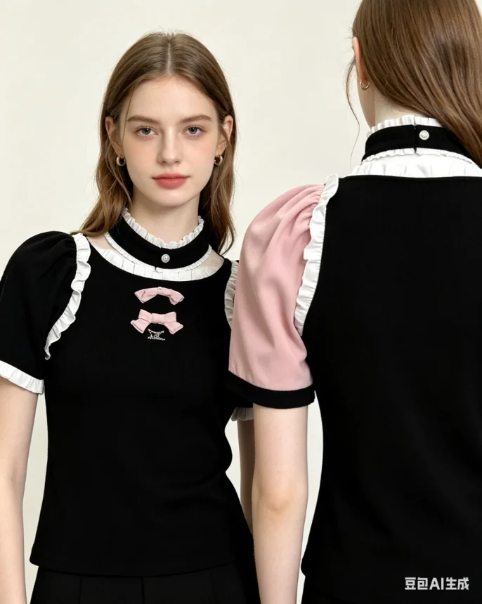 Casual Tee Black and White Color Block Women's T-shirts Bowknot Puff Sleeves Stand Collar Fashion Short Sleeve Tops for Women
Casual Tee Black and White Color Block Women's T-shirts Bowknot Puff Sleeves Stand Collar Fashion Short Sleeve Tops for Women