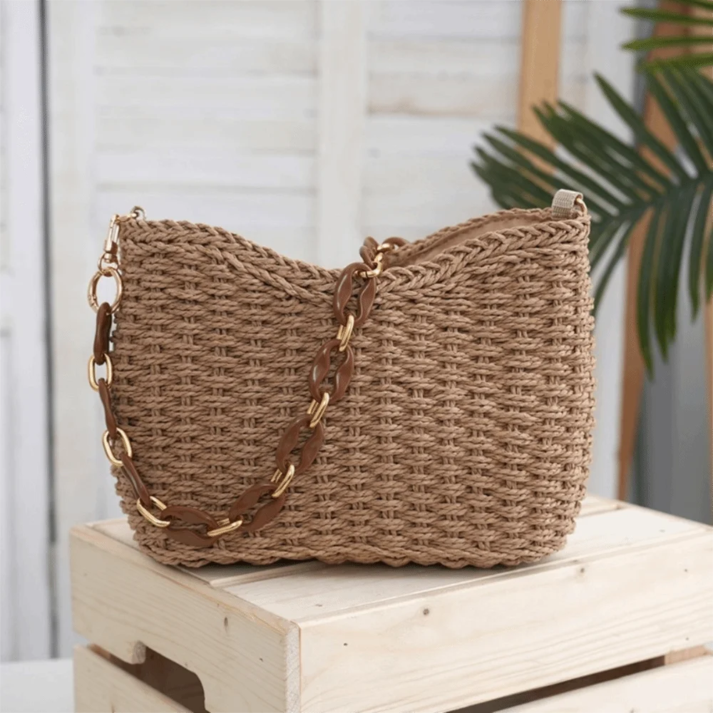 Casual Straw Woven Bag Large Capacity with Zipper Resort Woven Beach Handbag Small Chain Shoulder Bag Summer
Casual Straw Woven Bag Large Capacity with Zipper Resort Woven Beach Handbag Small Chain Shoulder Bag Summer