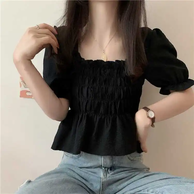 French Puff SVE Square Collar Women's Pleated Design irt ort Sve Pure Color Polyester Fiber Spring Season Faion 
French Puff SVE Square Collar Women's Pleated Design irt ort Sve Pure Color Polyester Fiber Spring Season Faion