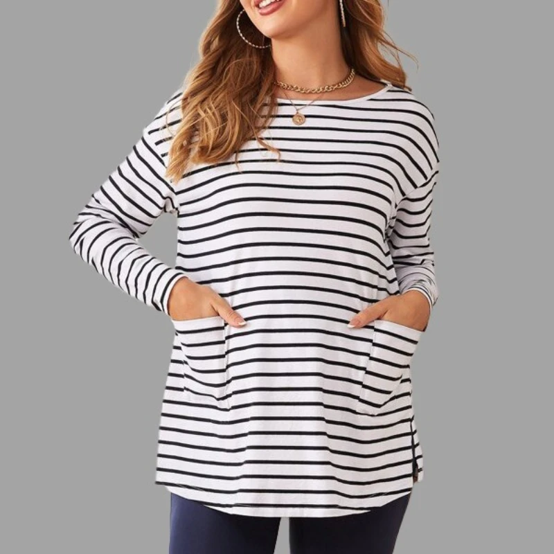 Pocket Striped Round Neck T-shirt for Pregnant Women Long Sleeved Top for Women
Pocket Striped Round Neck T-shirt for Pregnant Women Long Sleeved Top for Women