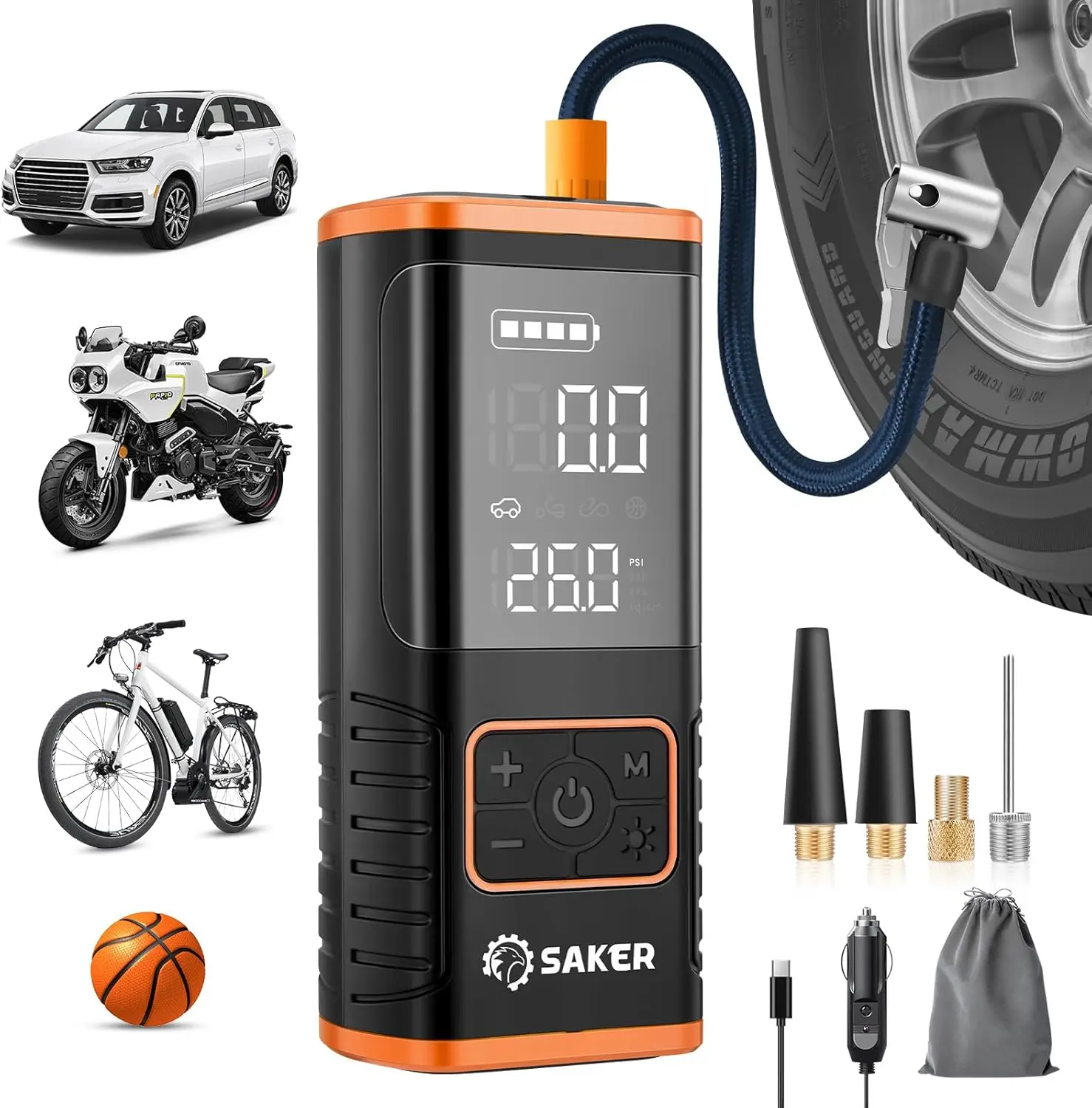 Portable Air Compressor with 150PSI, Tire Pressure Gauge, LED Light, 7500mAh Battery for Car, Motorcycle, Bike Tires
Portable Air Compressor with 150PSI, Tire Pressure Gauge, LED Light, 7500mAh Battery for Car, Motorcycle, Bike Tires