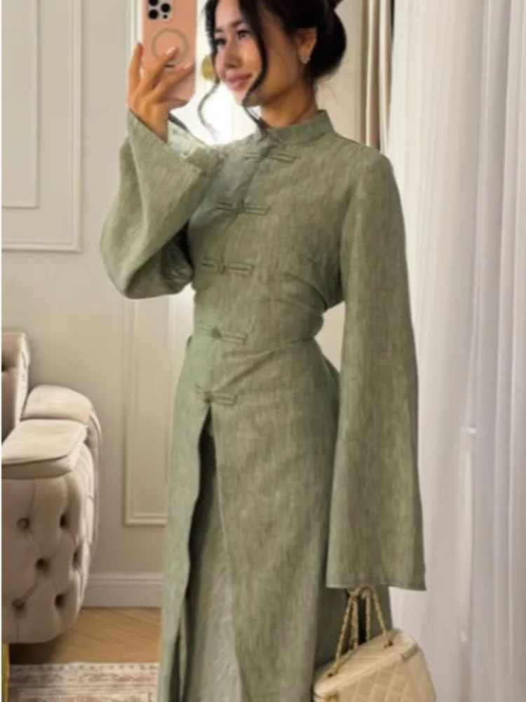 Women Oriental Maxi Dress Chic Minimalist Stand Collar Knot Button Slit Hem Long Dresses 2026 New Spring Lady Street Style Gown
Women Oriental Maxi Dress Chic Minimalist Stand Collar Knot Button Slit Hem Long Dresses 2026 New Spring Lady Street Style Gown