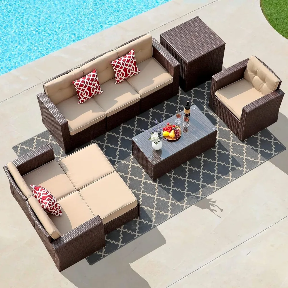 10 Piece Patio Furniture Set with Storage Box and Ottomans, Rattan Outdoor Conversation Set with Tempered Glass Coffee Table
10 Piece Patio Furniture Set with Storage Box and Ottomans, Rattan Outdoor Conversation Set with Tempered Glass Coffee Table