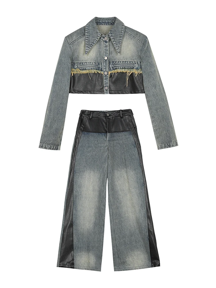 Two 2 Piece Sets Jeans Women Outfits PU Patchwork Jeans Cropped Tops Jacket and Wide Leg Jeans Denim Pants
Two 2 Piece Sets Jeans Women Outfits PU Patchwork Jeans Cropped Tops Jacket and Wide Leg Jeans Denim Pants