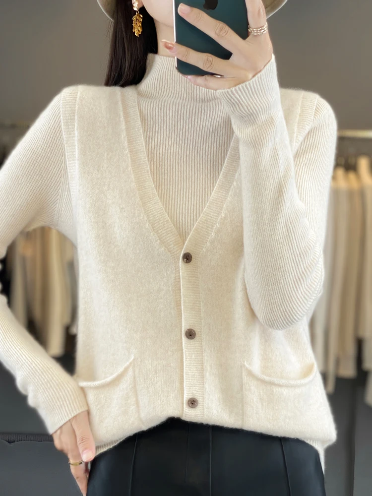 Женская одежда, трикотаж из 100% мериносовой шерсти, мягкий теплый однотонный базовый кардиган, свитер, жилет в консервативном стиле, повседневные топы Grace, 2025 г. 
Женская одежда, трикотаж из 100% мериносовой шерсти, мягкий теплый однотонный базовый кардиган, свитер, жилет в консервативном стиле, повседневные топы Grace, 2025 г.
