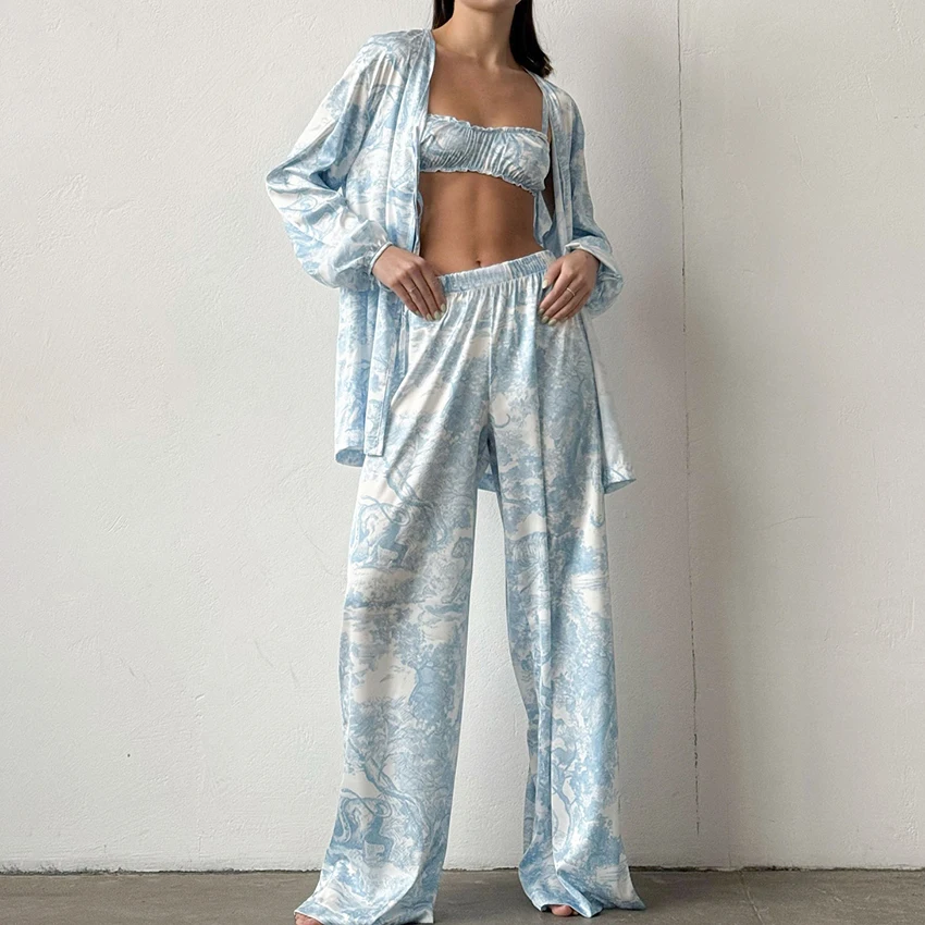 Hiloc Elegant Blue Animal World Print Ruched Camisole 3 Piece Sets Autumn Lace-Up Floor-Length Pants Suits Woman Pajamas Outfits
Hiloc Elegant Blue Animal World Print Ruched Camisole 3 Piece Sets Autumn Lace-Up Floor-Length Pants Suits Woman Pajamas Outfits