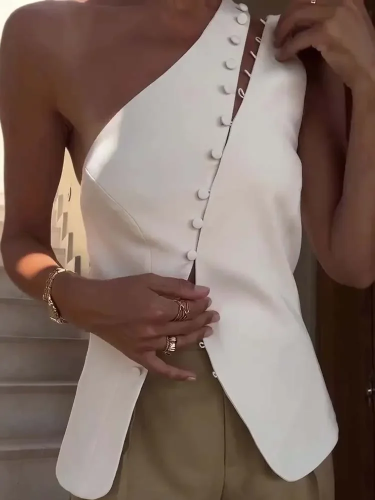 Casual Sleeveless Slim Fit Strap Blouses Summer Simple Solid Color Button T-shirt Women's Sexy Slant Neck Slim Fit Commuter Top 
Casual Sleeveless Slim Fit Strap Blouses Summer Simple Solid Color Button T-shirt Women's Sexy Slant Neck Slim Fit Commuter Top