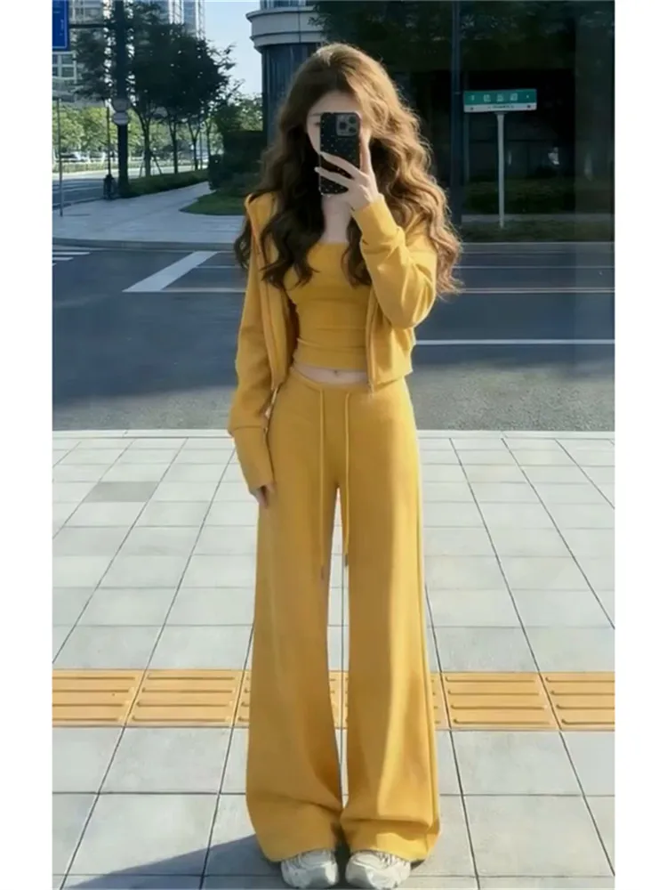 Korean Minimalist Yellow Set Women's Hooded Short Sleeve Top Wide Leg Pants Spring New Fashion Three-piece Set High Waist Pants
Korean Minimalist Yellow Set Women's Hooded Short Sleeve Top Wide Leg Pants Spring New Fashion Three-piece Set High Waist Pants