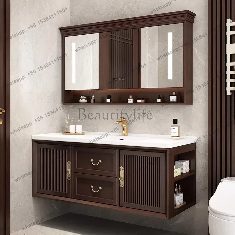 Modern new Chinese bathroom cabinet, oak ceramic integrated basin, intelligent light luxury washbasin cabinet
Modern new Chinese bathroom cabinet, oak ceramic integrated basin, intelligent light luxury washbasin cabinet