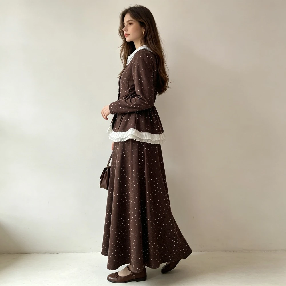 Women Skirt Coat Suit Polka Dot Print Jacket Long Skirts 2 Piece Sets Ruffles Outfits Peter Pan Collar Outerwear Ensemble 2026
Women Skirt Coat Suit Polka Dot Print Jacket Long Skirts 2 Piece Sets Ruffles Outfits Peter Pan Collar Outerwear Ensemble 2026