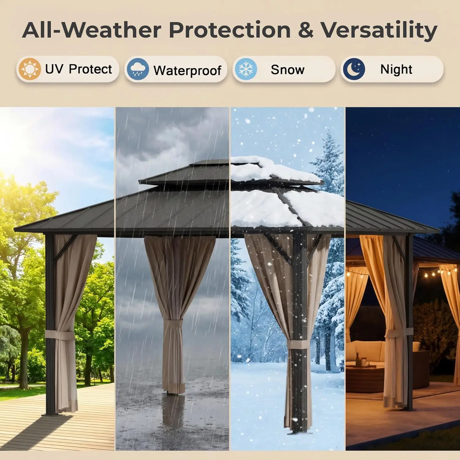 10x12ft Aluminum Gazebo Canopy, Waterproof Wind Resistant Heavy Duty for Patio Garden Backyard, Custom
10x12ft Aluminum Gazebo Canopy, Waterproof Wind Resistant Heavy Duty for Patio Garden Backyard, Custom