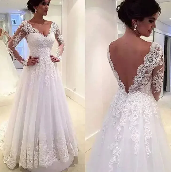 A-Line V Neck Plus Size Wedding Dresses Open Back Long Sleeves Lace Appliques Bride Dress Floor Length vestido de novia Elegant
A-Line V Neck Plus Size Wedding Dresses Open Back Long Sleeves Lace Appliques Bride Dress Floor Length vestido de novia Elegant