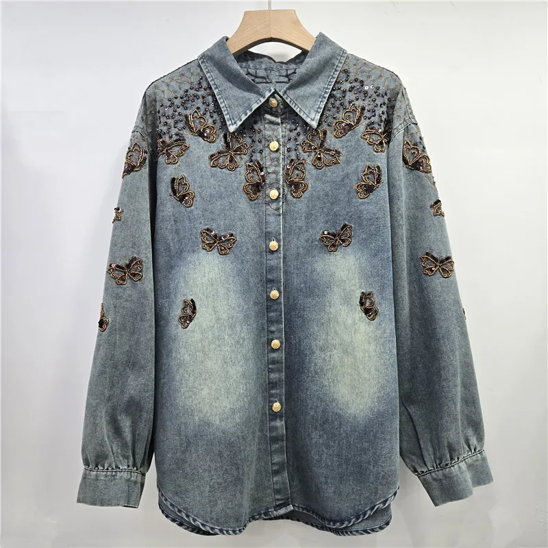 Denim Shirt Coat Women Vintage Top Beaded Butterfly Embroidery Single Breasted Outerwear Washed Streetwear Overshirt Spring 2026
Denim Shirt Coat Women Vintage Top Beaded Butterfly Embroidery Single Breasted Outerwear Washed Streetwear Overshirt Spring 2026