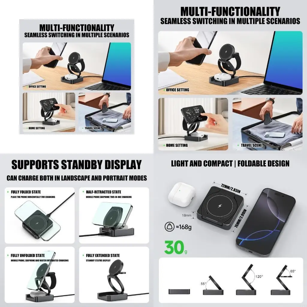 Compact Qi2 Charging Station 3 In 1 Foldable Design Supports 15W Fast Charging For Phones And Watches Earbuds F19E
Compact Qi2 Charging Station 3 In 1 Foldable Design Supports 15W Fast Charging For Phones And Watches Earbuds F19E