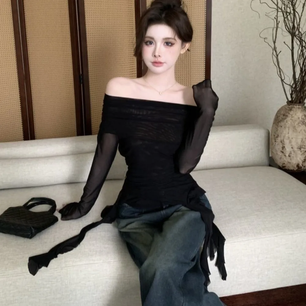 Streetwear Jellyfish Mesh Belt T-Shirt Elf Long Sleeve Off Shoulder Collar Slim Fit Crop Tops Transparent Irregular
Streetwear Jellyfish Mesh Belt T-Shirt Elf Long Sleeve Off Shoulder Collar Slim Fit Crop Tops Transparent Irregular