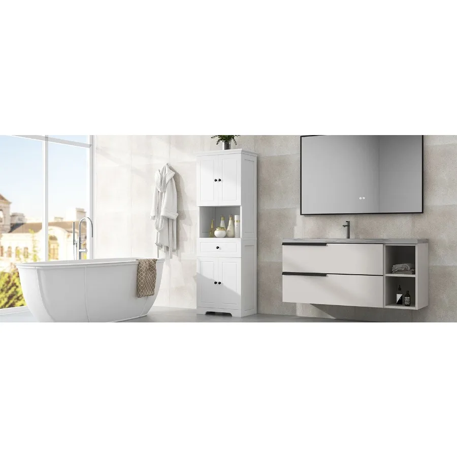 Tall Bathroom Cabinet with Four Doors Large Storage Space Open Shelve Upper Storage Cabinet White
Tall Bathroom Cabinet with Four Doors Large Storage Space Open Shelve Upper Storage Cabinet White