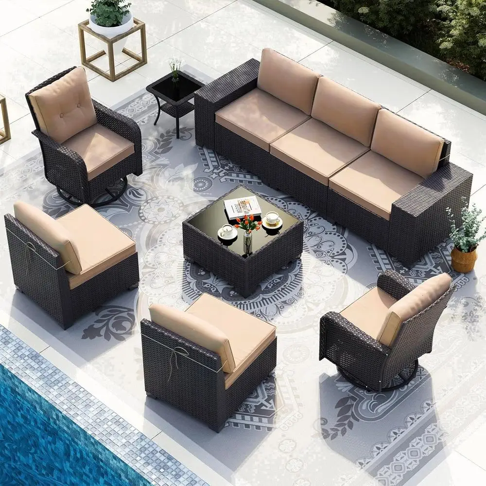 9-Piece Outdoor Patio Furniture Set with 7-Seat Sofa, 2 Swivel Rocking Chairs, Coffee Table, and Khaki Cushions
9-Piece Outdoor Patio Furniture Set with 7-Seat Sofa, 2 Swivel Rocking Chairs, Coffee Table, and Khaki Cushions