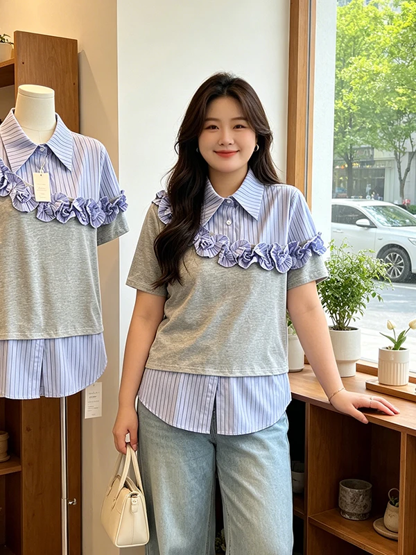 Slimming plus Size Fashionable Color Block Ruffle Striped Shirt Women's Summer New Loose Short Sleeve Top Korean Style Commute
Slimming plus Size Fashionable Color Block Ruffle Striped Shirt Women's Summer New Loose Short Sleeve Top Korean Style Commute