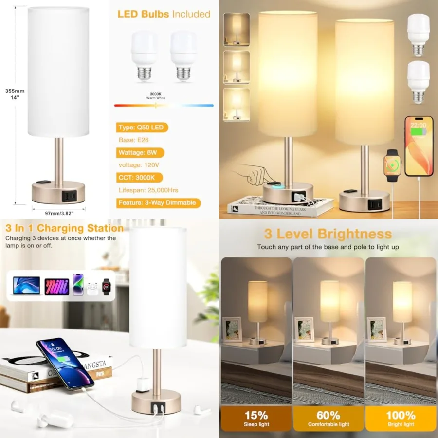 Touch Bedside Table Lamps Set - 3 Way Dimmable Bedroom Lamps Set of 2 with USB C and A Ports, Small Lamps for Nightstand with A
Touch Bedside Table Lamps Set - 3 Way Dimmable Bedroom Lamps Set of 2 with USB C and A Ports, Small Lamps for Nightstand with A