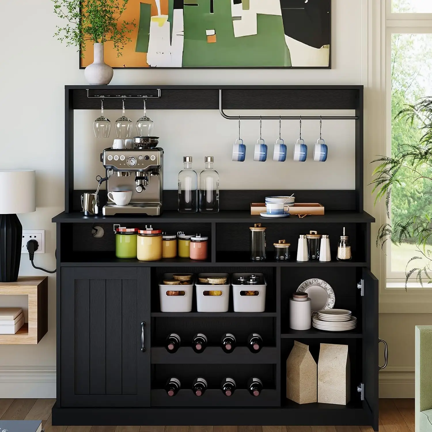 47 in Farmhouse Coffee Bar Cabinet with 5 Hooks, Buffet Cabinet with Power Outlets, Goblet Holder, Sideboard, Customized
47 in Farmhouse Coffee Bar Cabinet with 5 Hooks, Buffet Cabinet with Power Outlets, Goblet Holder, Sideboard, Customized