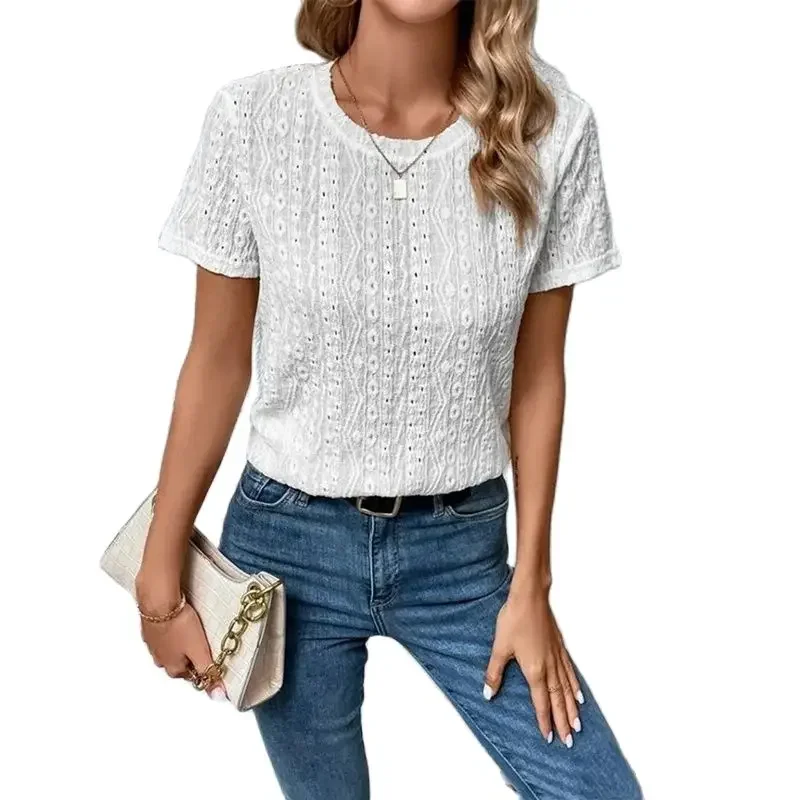 Elegant Solid Color Hollow Out Breathable Shirt Women New O Neck Pullover Blouse Summer Short Sleeve Casual Commuter Female Tops
Elegant Solid Color Hollow Out Breathable Shirt Women New O Neck Pullover Blouse Summer Short Sleeve Casual Commuter Female Tops