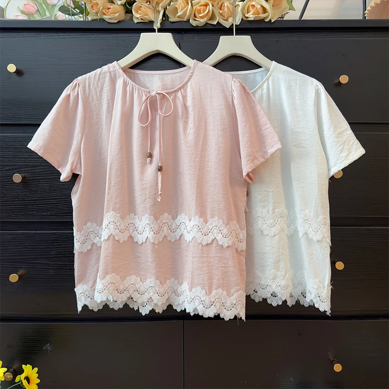 Женские летние футболки в корейском стиле, модные футболки, топы с круглым вырезом и короткими рукавами, лоскутная кружевная футболка 
Женские летние футболки в корейском стиле, модные футболки, топы с круглым вырезом и короткими рукавами, лоскутная кружевная футболка