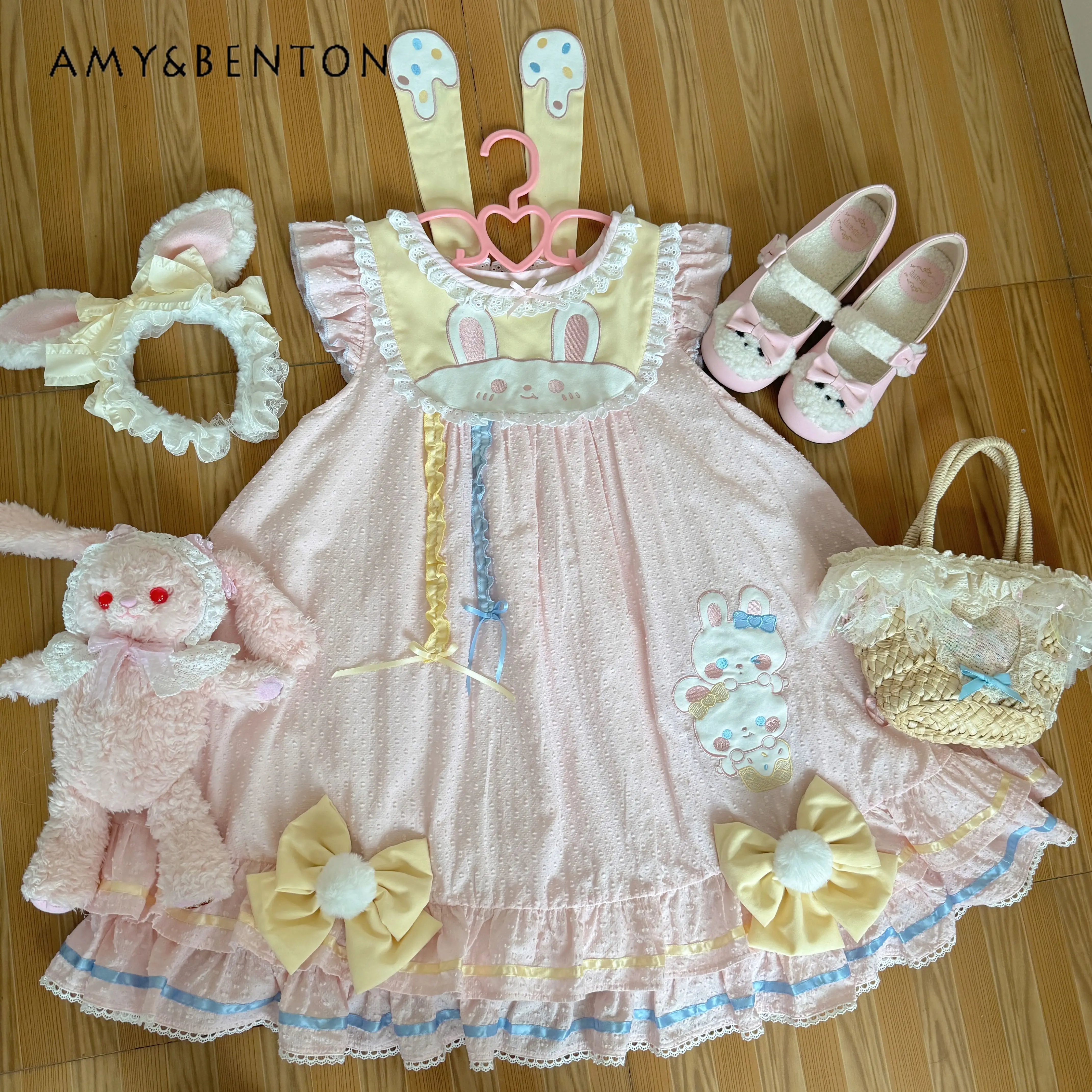 Cartoon Rabbit Embroidery Lotus Leaf Edge Crew Neck Flying Sleeve Dress Sweet Cute Loose Dresses Kawaii Lolita Dress Student
Cartoon Rabbit Embroidery Lotus Leaf Edge Crew Neck Flying Sleeve Dress Sweet Cute Loose Dresses Kawaii Lolita Dress Student