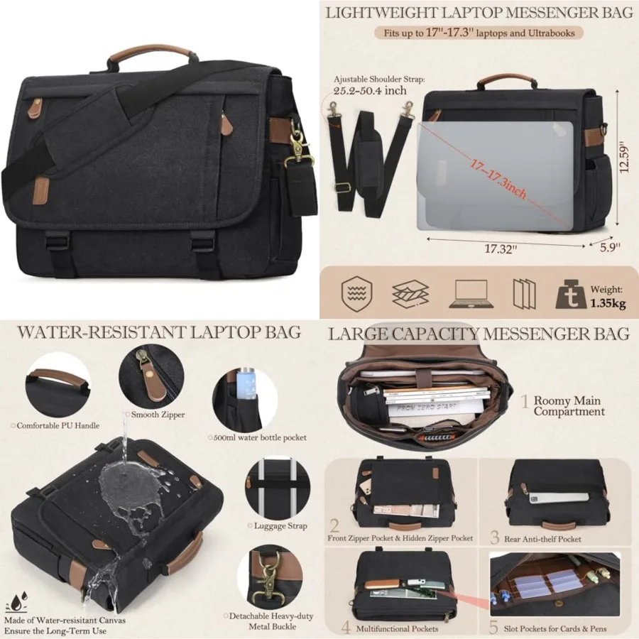 Messenger Bag for Men 17-17.3 Inch Laptop Bag Water-resistant Canvas Computer Shoulder Bag Office Work Briefcase Large Casual S
Messenger Bag for Men 17-17.3 Inch Laptop Bag Water-resistant Canvas Computer Shoulder Bag Office Work Briefcase Large Casual S