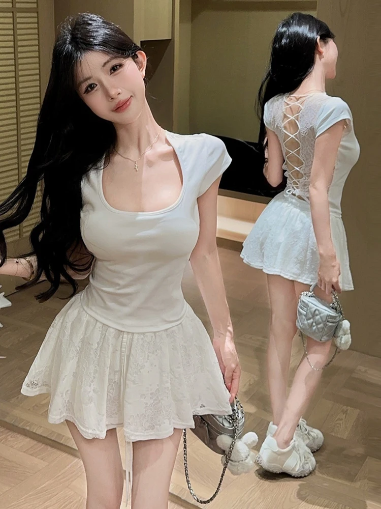 Cross-Back Hollow out Pure Desire Short Sleeve Lace T-Shirt Slimming Sexy High Waist Short Skirt Set Women's Fashion Ensemble
Cross-Back Hollow out Pure Desire Short Sleeve Lace T-Shirt Slimming Sexy High Waist Short Skirt Set Women's Fashion Ensemble