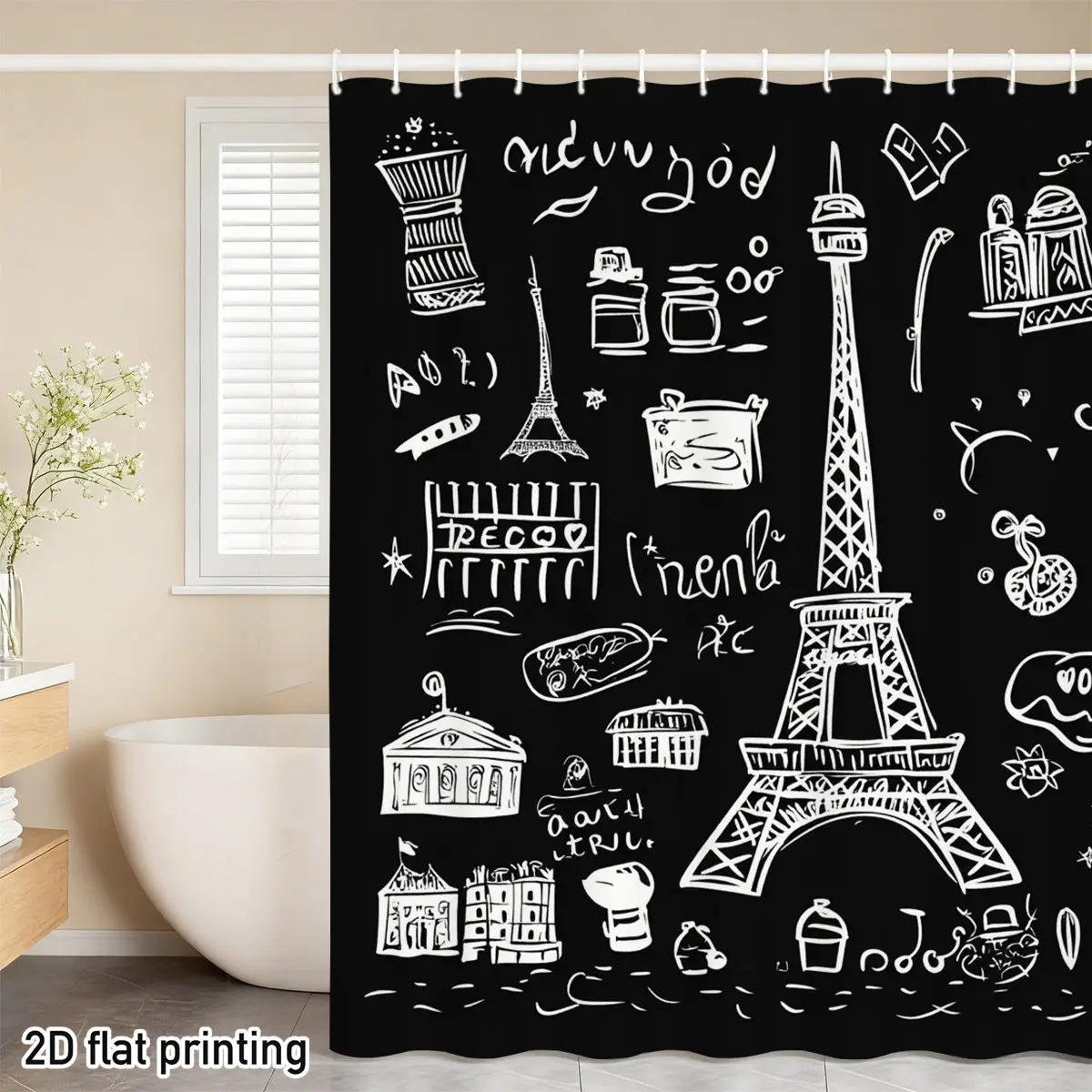 Paris Shower Curtain – Eiffel Tower, Notre-Dame & French Landmarks, Black White Sketch, Polyester, 12 Hooks, Modern Decor
Paris Shower Curtain – Eiffel Tower, Notre-Dame & French Landmarks, Black White Sketch, Polyester, 12 Hooks, Modern Decor