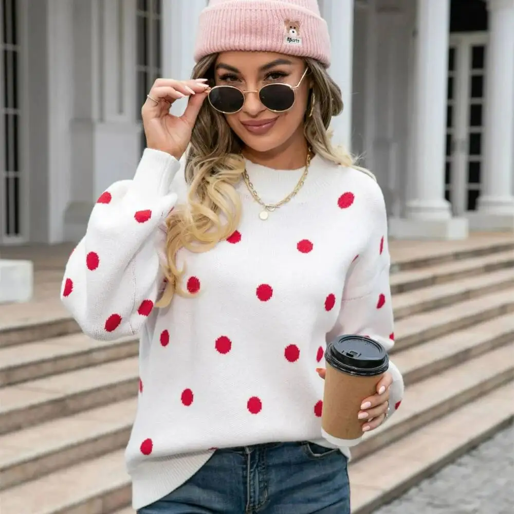 Women's Pullover Knitted Sweater Polka Dot Round Neck Autumn And Winter Long Sleeve Top Loose Fashionable Simple
Women's Pullover Knitted Sweater Polka Dot Round Neck Autumn And Winter Long Sleeve Top Loose Fashionable Simple