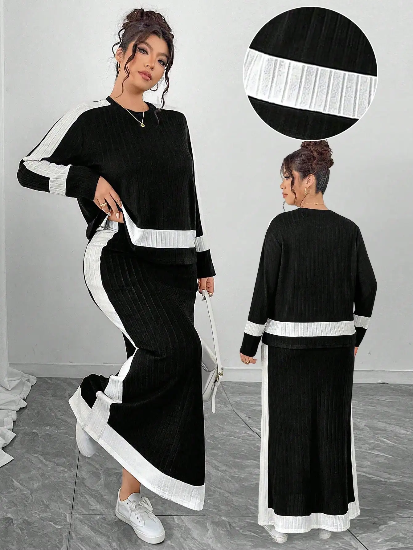 Черно-белый комплект из двух предметов с ребристой текстурой: свободный топ с длинными рукавами + макси-юбка, элегантный повседневный наряд
Черно-белый комплект из двух предметов с ребристой текстурой: свободный топ с длинными рукавами + макси-юбка, элегантный повседневный наряд