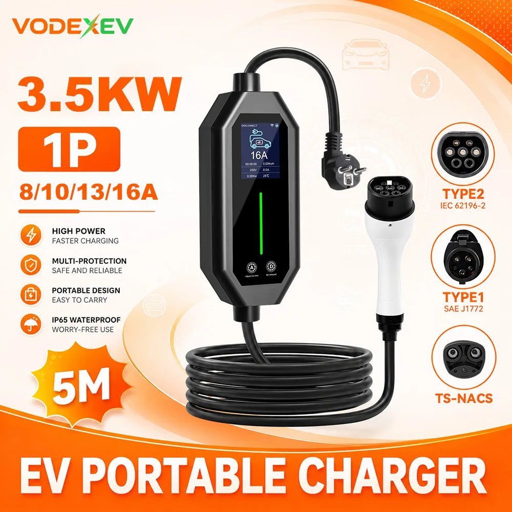 VODEXEV 3.5KW 16A Portable EV Charger EVSE Type1 J1772 Type2 IEC62196 Tesla APP Control Schedule Charging 1Phase Home Travel
VODEXEV 3.5KW 16A Portable EV Charger EVSE Type1 J1772 Type2 IEC62196 Tesla APP Control Schedule Charging 1Phase Home Travel
