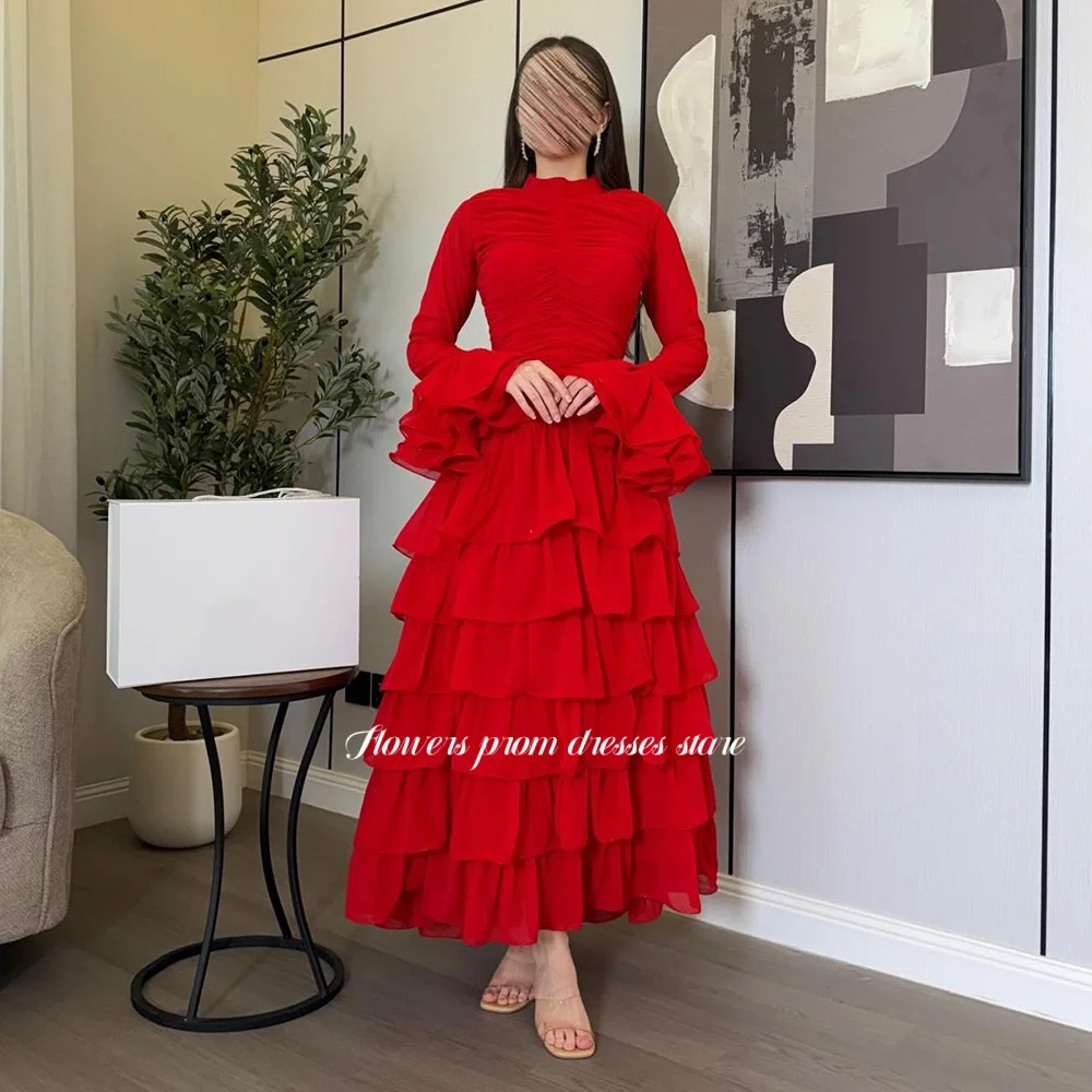 Flowers Red Party Dress Long Flare Sleeve Evening Dress Layers Crepe Prom Dress for Princess فستان سهرة Arabic Women Customized
Flowers Red Party Dress Long Flare Sleeve Evening Dress Layers Crepe Prom Dress for Princess فستان سهرة Arabic Women Customized