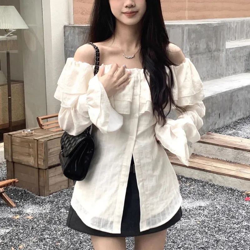 Sweet Slash Neck Ruffles Spliced Blouse Women's Clothing Solid Color Spring Autumn Butterfly Sleeve Fashion Off Shoulder Shirts
Sweet Slash Neck Ruffles Spliced Blouse Women's Clothing Solid Color Spring Autumn Butterfly Sleeve Fashion Off Shoulder Shirts
