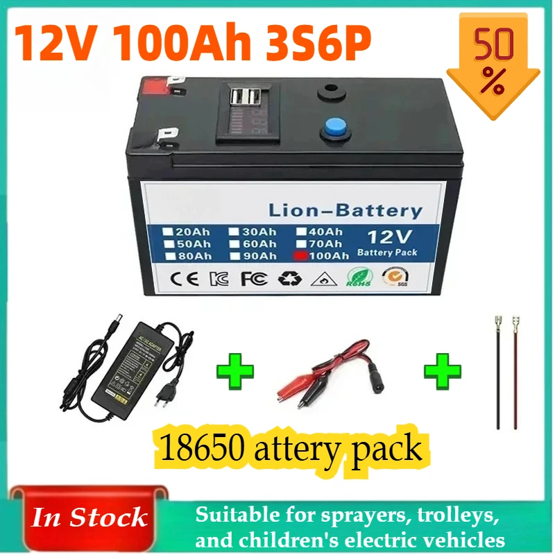 12V 100Ah 3S6P 18650 Rechargeable LiFePO4 Lithium Battery Built-in 5V 2.1A USB Power Display Port Charger+12.6V 3A Charger
12V 100Ah 3S6P 18650 Rechargeable LiFePO4 Lithium Battery Built-in 5V 2.1A USB Power Display Port Charger+12.6V 3A Charger