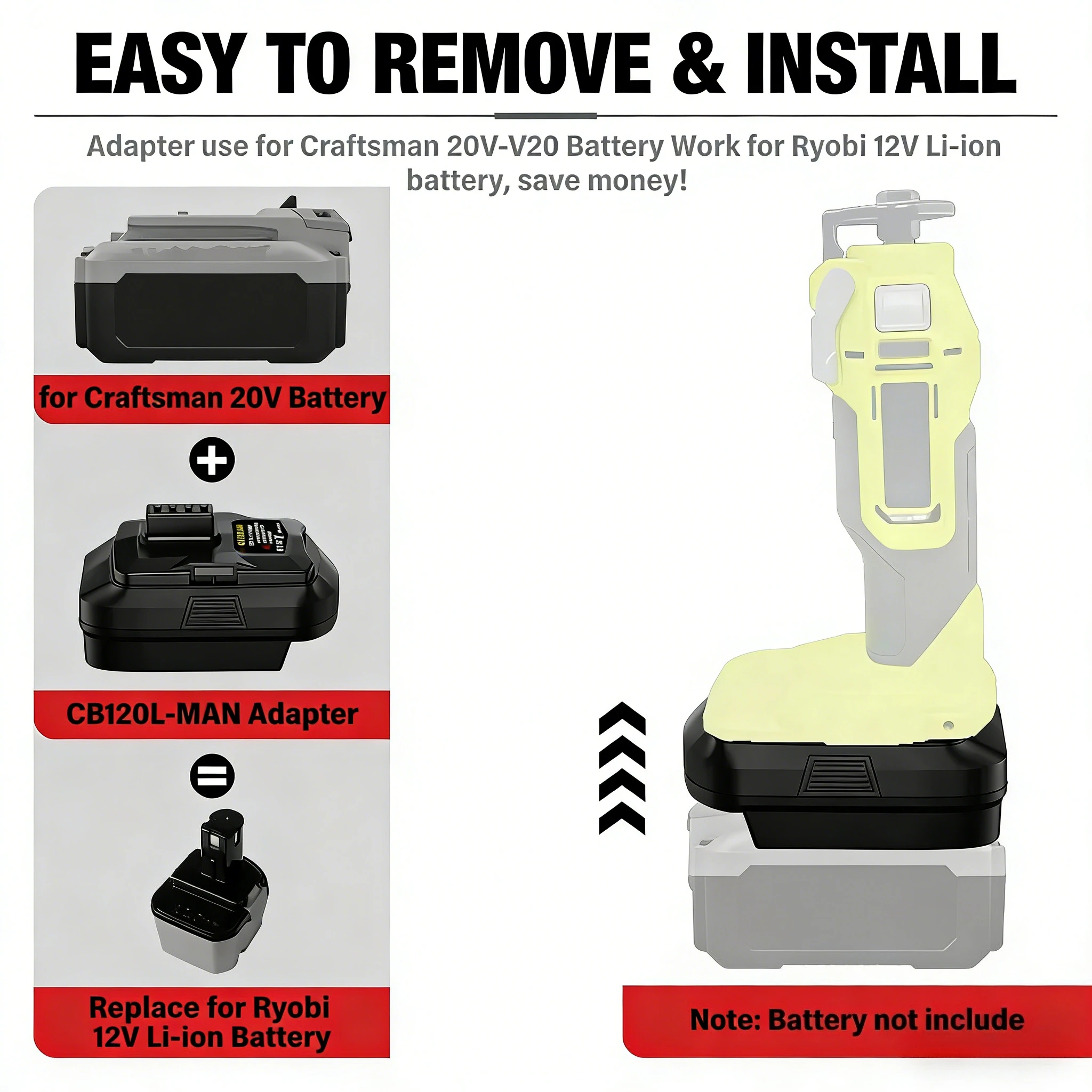 for Craftsman 20V battery work for Ryobi 12V tools Adapter for Craftsman 20V V20 Li-ion Battery Converter to for Ryobi 12V Drill
for Craftsman 20V battery work for Ryobi 12V tools Adapter for Craftsman 20V V20 Li-ion Battery Converter to for Ryobi 12V Drill