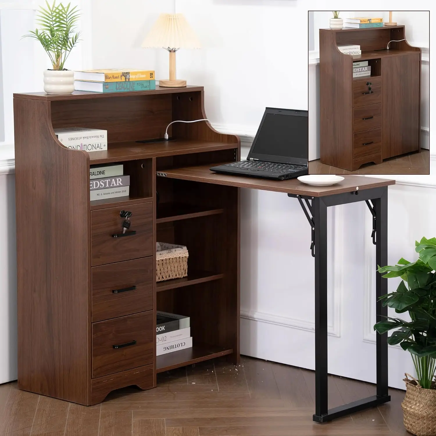 Walnut Hidden Fold Out Desk Storage Lockable Drawers Shelves Built In Power Outlet Study Home Office
Walnut Hidden Fold Out Desk Storage Lockable Drawers Shelves Built In Power Outlet Study Home Office