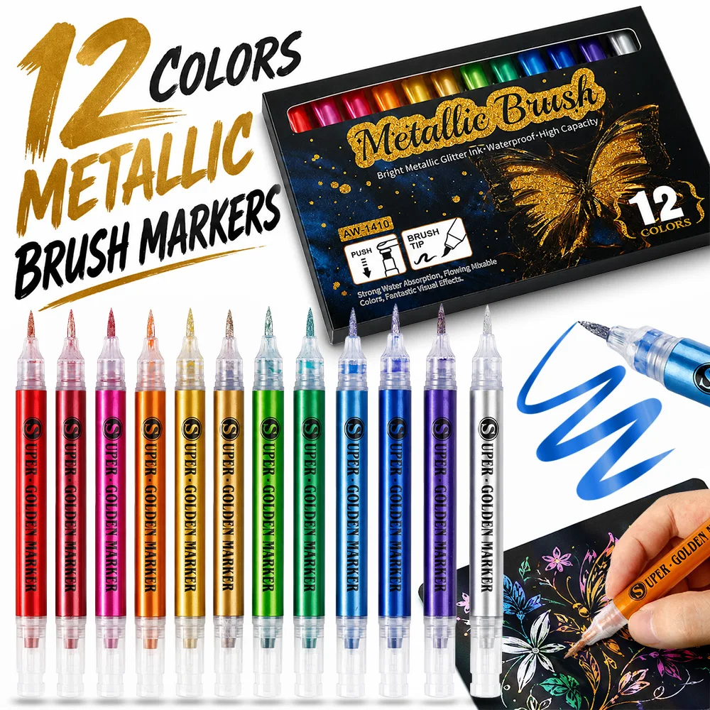 12 Colors Metallic Brush Paint Pens Glitter Markers Soft Tip Waterproof Model Painting DIY Card Wood Ceramic Graffiti Art Crafts
12 Colors Metallic Brush Paint Pens Glitter Markers Soft Tip Waterproof Model Painting DIY Card Wood Ceramic Graffiti Art Crafts