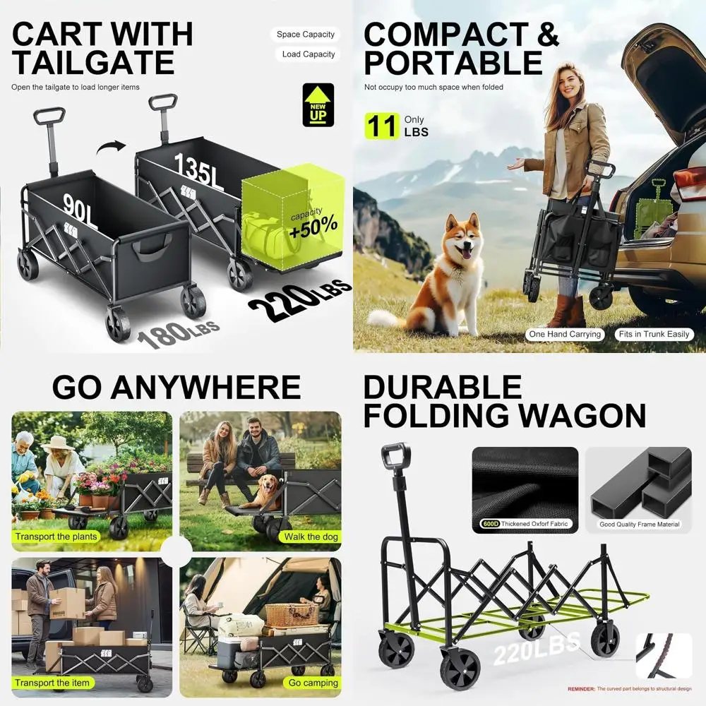 Folding Utility Wagon with Extended Tailgate, Heavy-Duty Portable Cart for Shopping, Groceries, Gardening, Camping, and Outdoor
Folding Utility Wagon with Extended Tailgate, Heavy-Duty Portable Cart for Shopping, Groceries, Gardening, Camping, and Outdoor