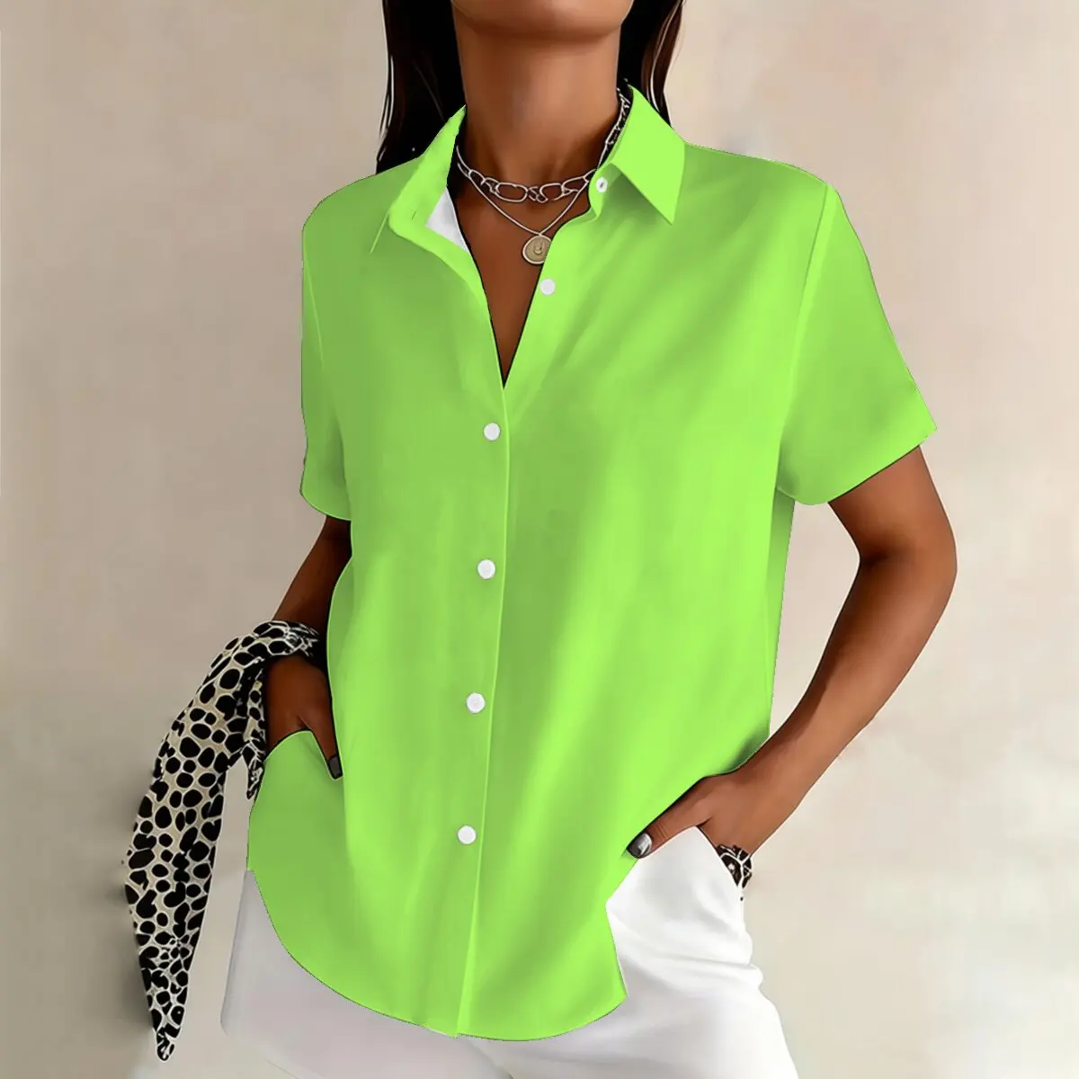 Fashion plus-size women's short-sleeve lapel shirt for summer, fluorescent green, vibrant and eye-catching, perfect for street
Fashion plus-size women's short-sleeve lapel shirt for summer, fluorescent green, vibrant and eye-catching, perfect for street