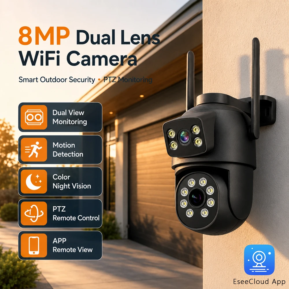 8MP Wireless Outdoor Camera Dual Lens PTZ Surveillance Camera EseeCloud App Remote View Human Detection 2-Way Talk Security Cam
8MP Wireless Outdoor Camera Dual Lens PTZ Surveillance Camera EseeCloud App Remote View Human Detection 2-Way Talk Security Cam