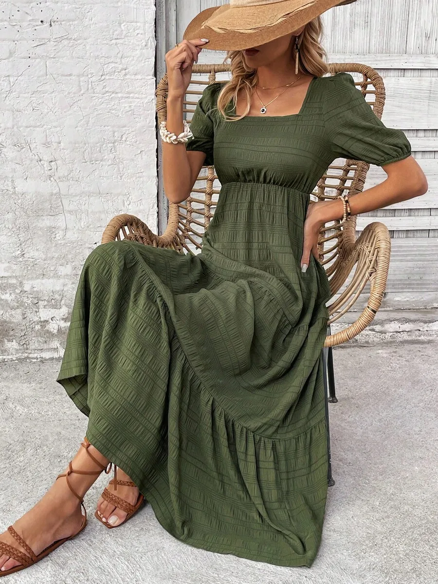 Olive Green Square Neck Puff Sleeve Ruffle Hem Maxi Dress for Beach Vacation
Olive Green Square Neck Puff Sleeve Ruffle Hem Maxi Dress for Beach Vacation