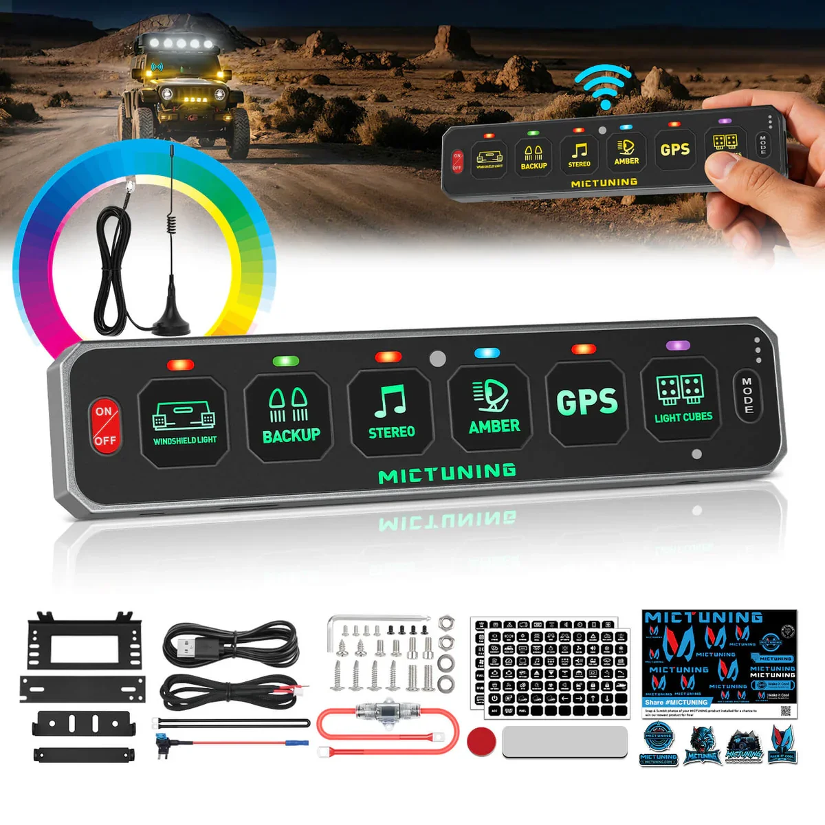 MICTUNING 6 Gang Slim Switch Panel RGB MS-W Wireless Switch Panel, Toggle Momentary Pulsed 60A Switch Pod Off Backlight
MICTUNING 6 Gang Slim Switch Panel RGB MS-W Wireless Switch Panel, Toggle Momentary Pulsed 60A Switch Pod Off Backlight