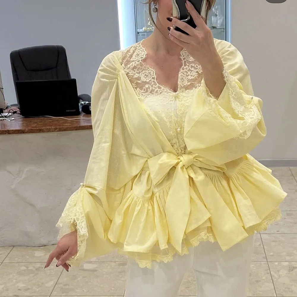 Yellow Long Sleeves Women Blouse Ruffled Summer Holiday Wear Tops Women Birthday Wear High Street Party Jacket
Yellow Long Sleeves Women Blouse Ruffled Summer Holiday Wear Tops Women Birthday Wear High Street Party Jacket