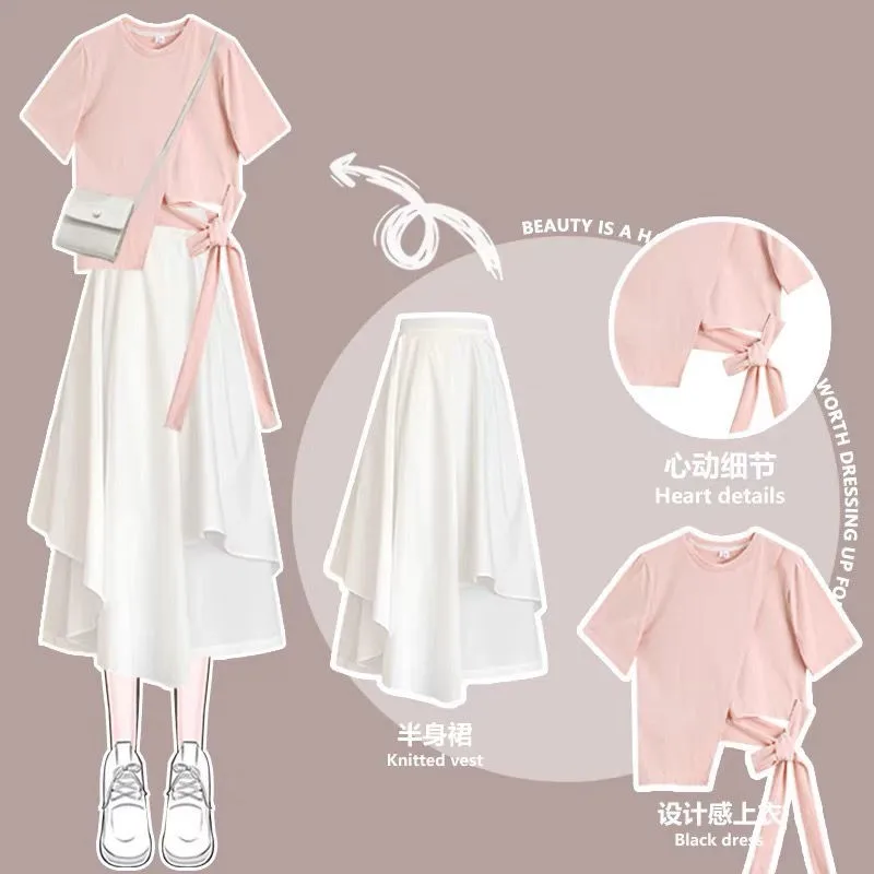 Women's 2025 Summer New Irregular Short Sleeve Top+White Midi Skirt Two Piece Suit Korean Elegant T-shirt Dress Matching Set
Women's 2025 Summer New Irregular Short Sleeve Top+White Midi Skirt Two Piece Suit Korean Elegant T-shirt Dress Matching Set