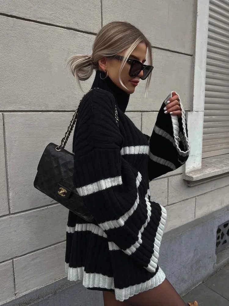 Striped Knitted Cashmere Sweater Women Long Flare Sleeve Turtleneck Loose Jumper Elegant Female 2023 Autumn Winter Chic Pullover
Striped Knitted Cashmere Sweater Women Long Flare Sleeve Turtleneck Loose Jumper Elegant Female 2023 Autumn Winter Chic Pullover