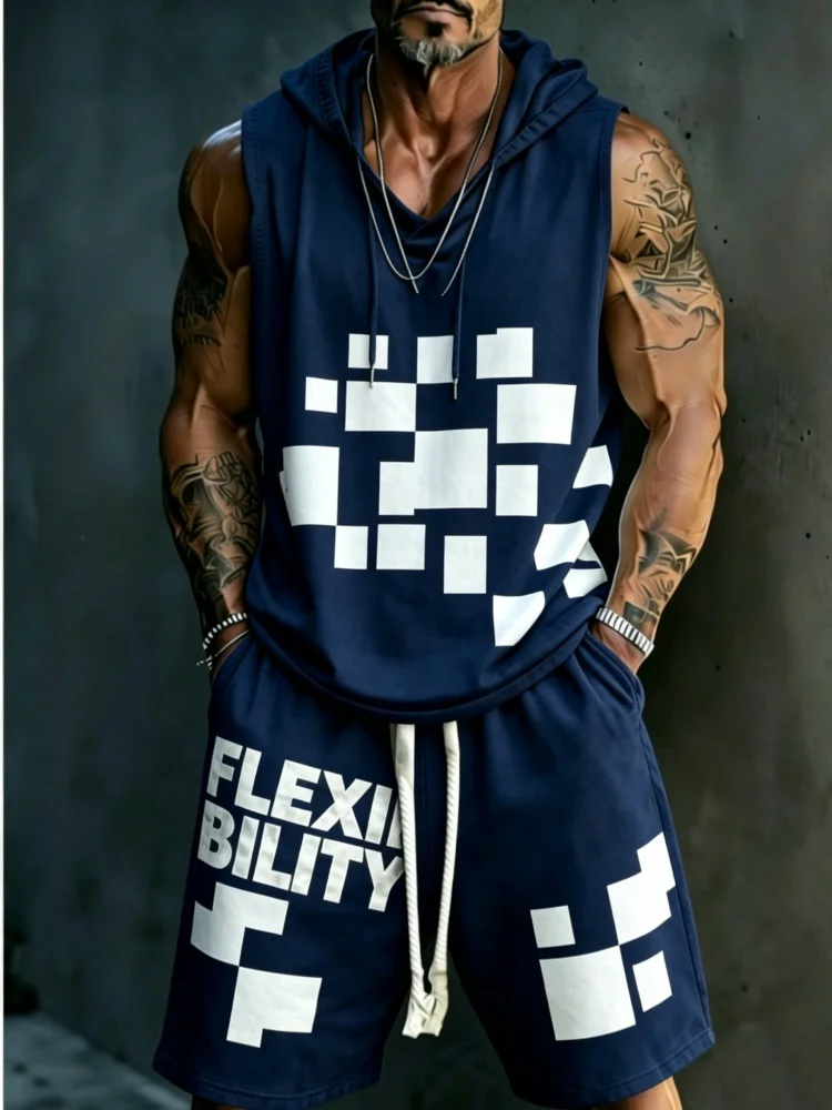Men's 2-Piece Loose Navy Geometric Sleeveless Hoodie & Shorts, "Flexibility" Print Comfort Streetwear Set
Men's 2-Piece Loose Navy Geometric Sleeveless Hoodie & Shorts, "Flexibility" Print Comfort Streetwear Set