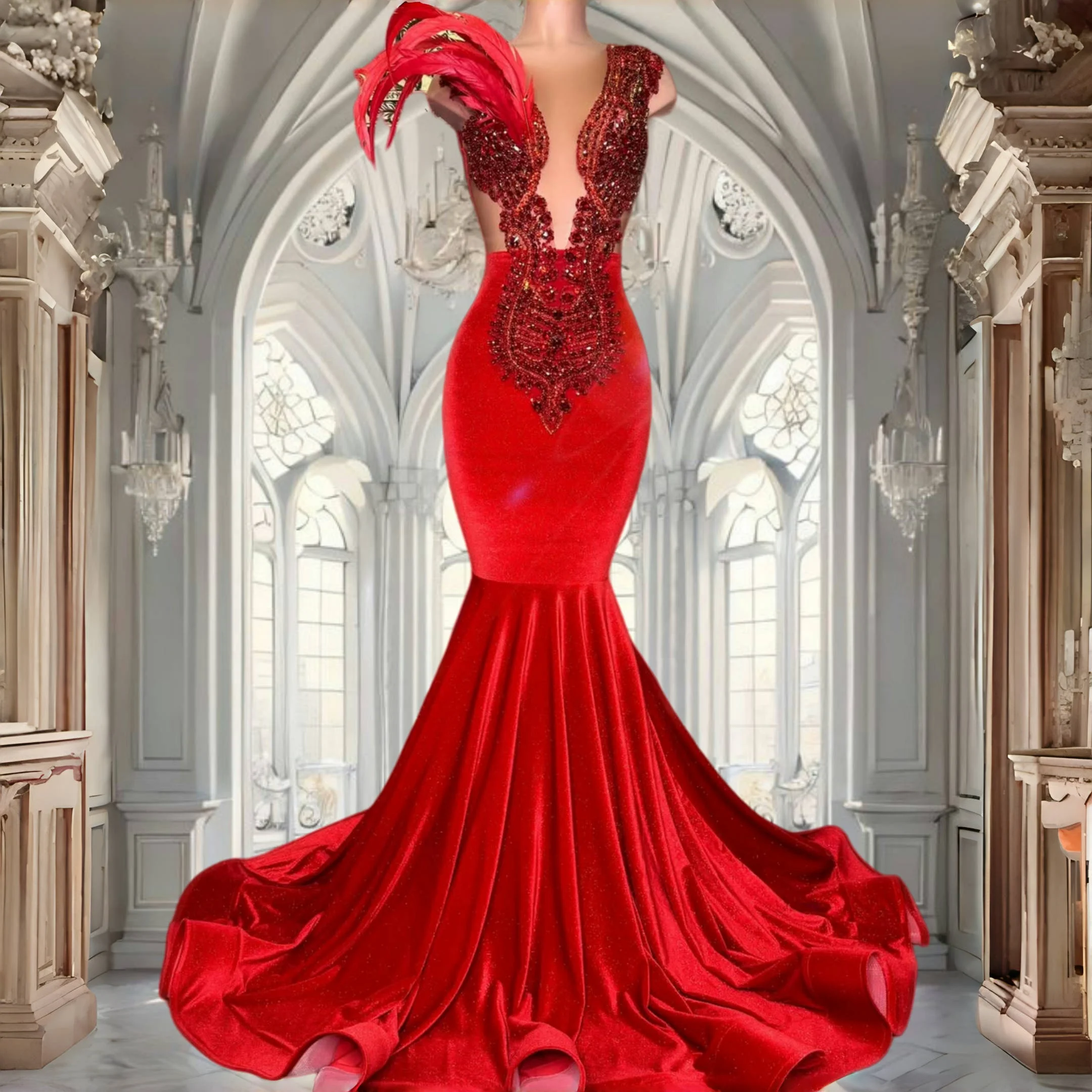 Sparkly Crystal Mermaid Velvet Prom Dresses Long for Black Women 2025 Feather V Neck Diamond Formal Evening Gowns Customized
Sparkly Crystal Mermaid Velvet Prom Dresses Long for Black Women 2025 Feather V Neck Diamond Formal Evening Gowns Customized
